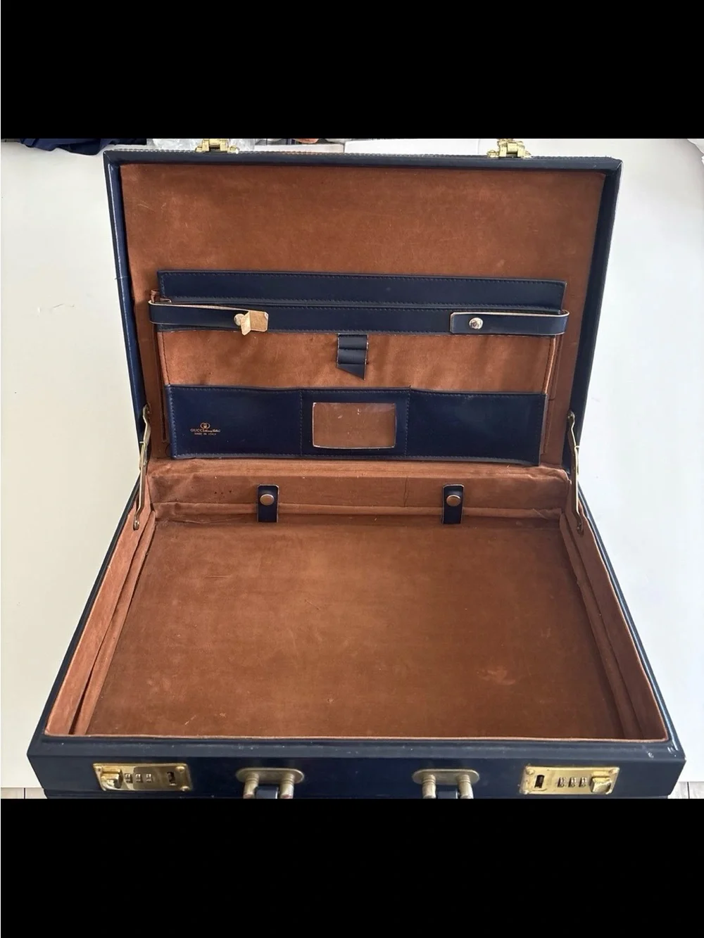 Authentic Gucci Monogram Canvas Top Handle Bag Briefcase in Navy & Beige